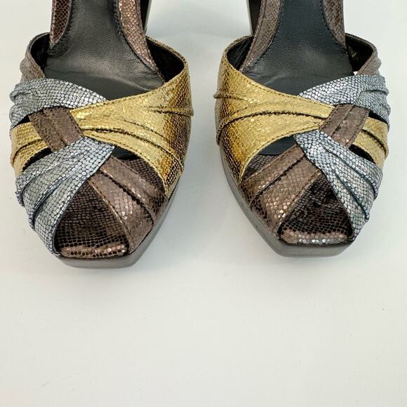 Fendi Orlando High Heel Sandals Bronze Gold Silver Leather Wood |Size 41 (US 10) - Picture 4 of 10